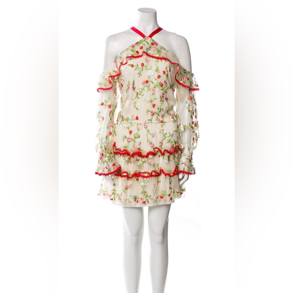 Alexis Floral Off Shoulder Mini Dress Ruffle Red Cream Small - Picture 3 of 11